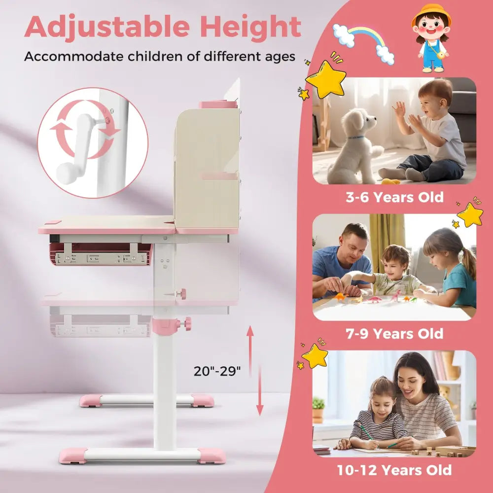 Height Adjustable Kids Study Desk with Tilt Desktop for 3-12 Years Old-Pink - Pink - Kids Table & Chair Sets