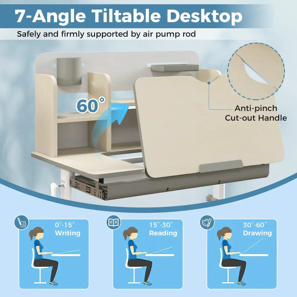 Height Adjustable Kids Study Desk with Tilt Desktop for 3-12 Years Old-Gray - Gray - Kids Table & Chair Sets