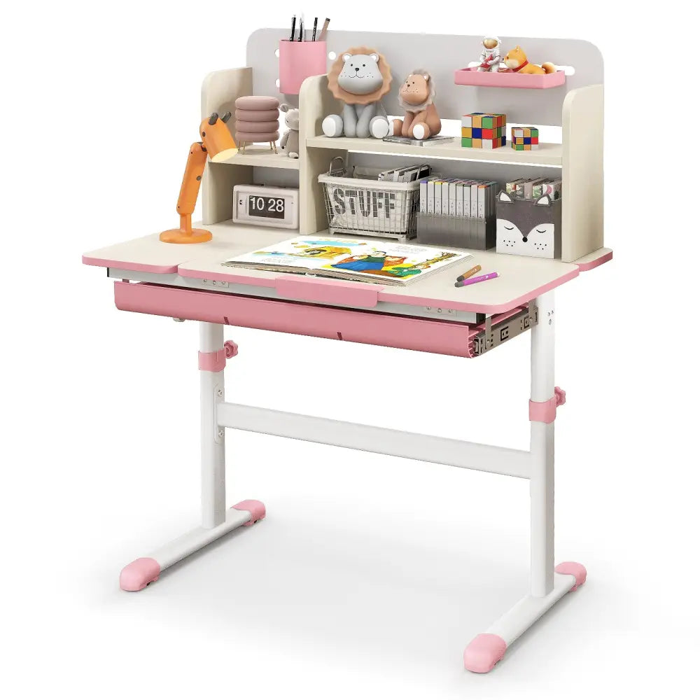 Height Adjustable Kids Study Desk with Tilt Desktop for 3-12 Years Old-Pink - Pink - Kids Table & Chair Sets