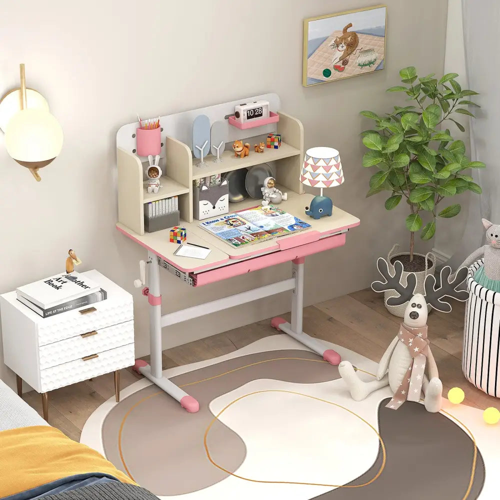 Height Adjustable Kids Study Desk with Tilt Desktop for 3-12 Years Old-Pink - Pink - Kids Table & Chair Sets