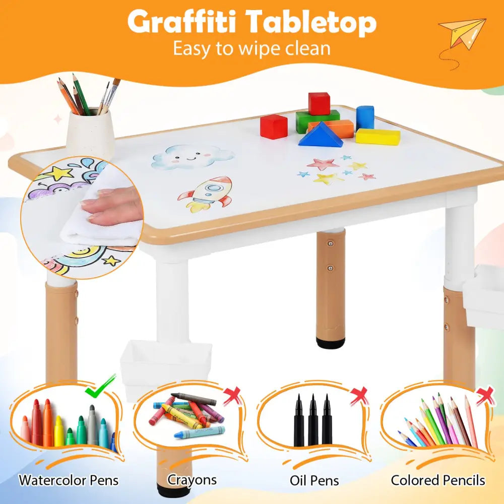 Height Adjustable Kids Table and 4 Chairs Set with Graffiti Desktop and 2 Storage Baskets-Natrual - Natural - Kids