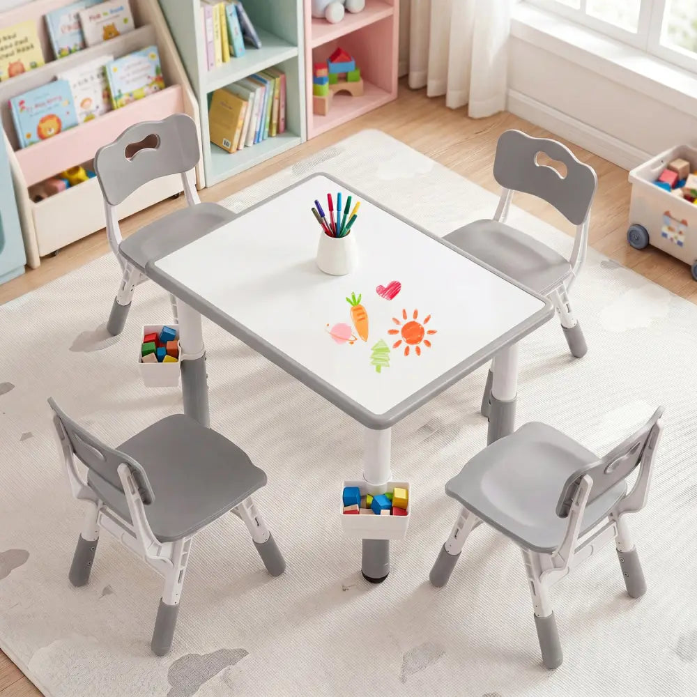 Height Adjustable Kids Table and 4 Chairs Set with Graffiti Desktop and 2 Storage Baskets-Gray - Gray - Kids Table &