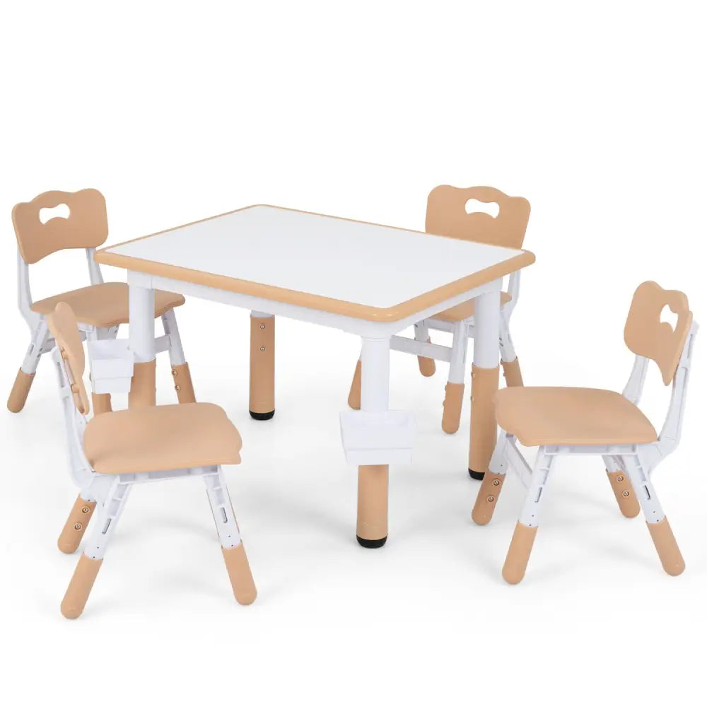 Height Adjustable Kids Table and 4 Chairs Set with Graffiti Desktop and 2 Storage Baskets-Natrual - Natural - Kids