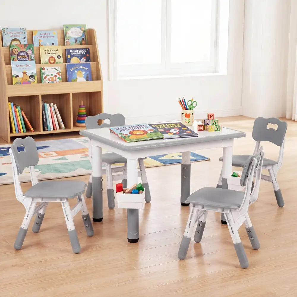 Height Adjustable Kids Table and 4 Chairs Set with Graffiti Desktop and 2 Storage Baskets-Gray - Gray - Kids Table &