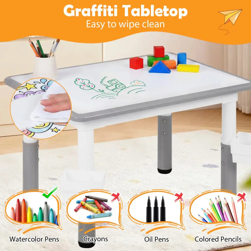 Height Adjustable Kids Table and 4 Chairs Set with Graffiti Desktop and 2 Storage Baskets-Gray - Gray - Kids Table &