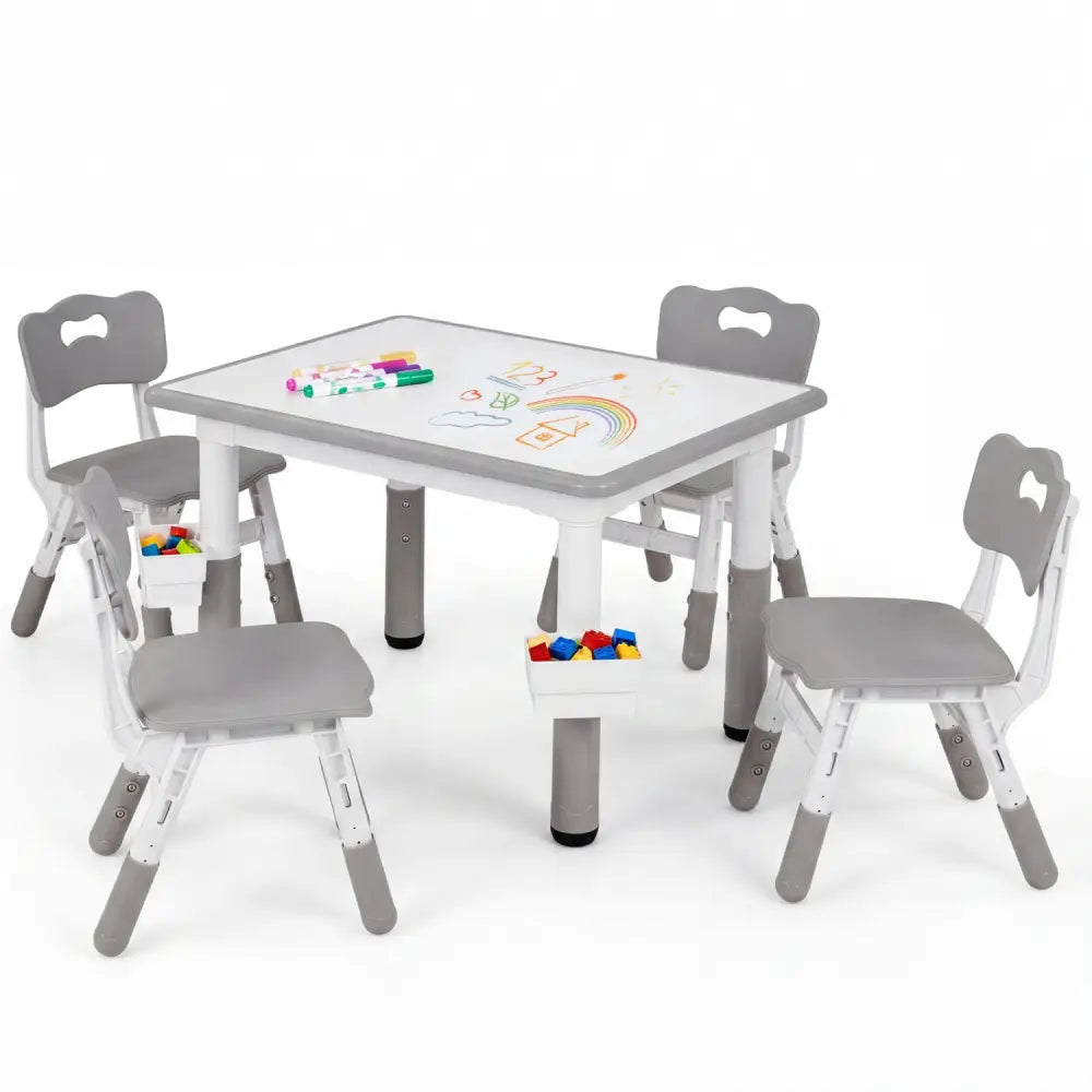 Height Adjustable Kids Table and 4 Chairs Set with Graffiti Desktop and 2 Storage Baskets-Gray - Gray - Kids Table &