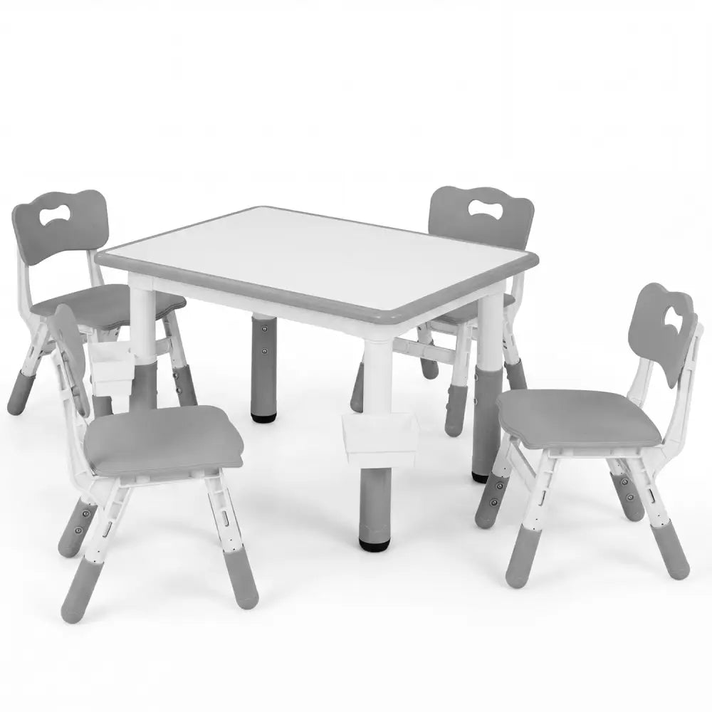 Height Adjustable Kids Table and 4 Chairs Set with Graffiti Desktop and 2 Storage Baskets-Gray - Gray - Kids Table &