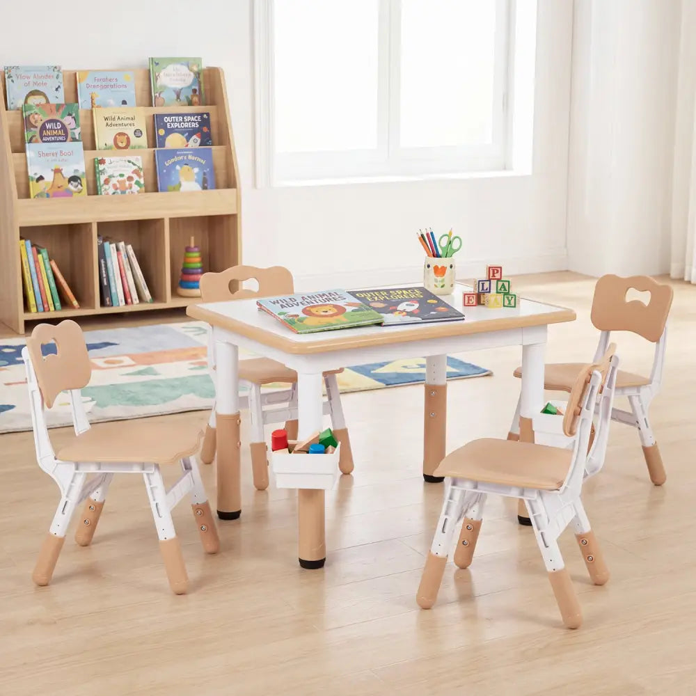 Height Adjustable Kids Table and 4 Chairs Set with Graffiti Desktop and 2 Storage Baskets-Natrual - Natural - Kids