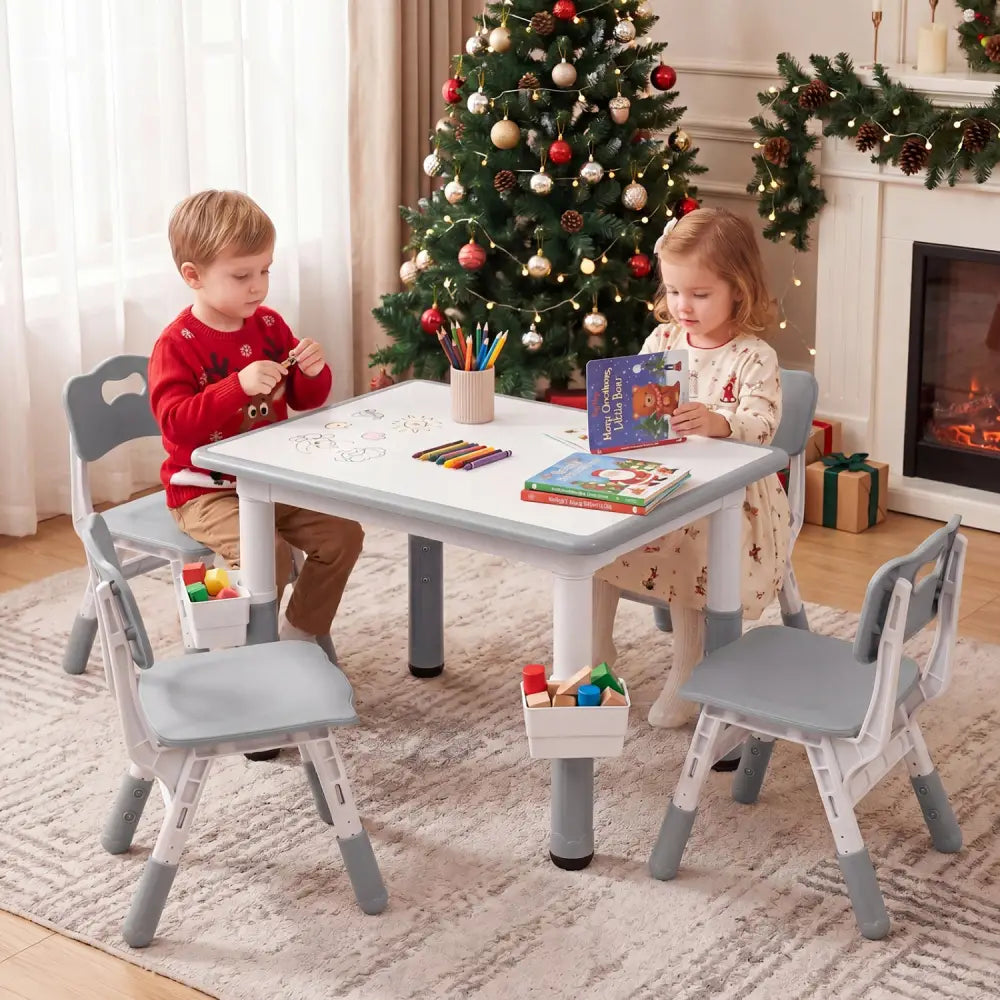 Height Adjustable Kids Table and 4 Chairs Set with Graffiti Desktop and 2 Storage Baskets-Gray - Gray - Kids Table &