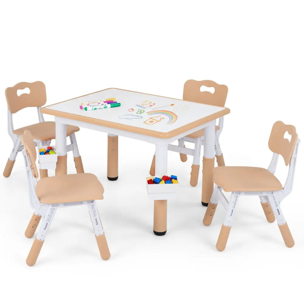Height Adjustable Kids Table and 4 Chairs Set with Graffiti Desktop and 2 Storage Baskets-Natrual - Natural - Kids