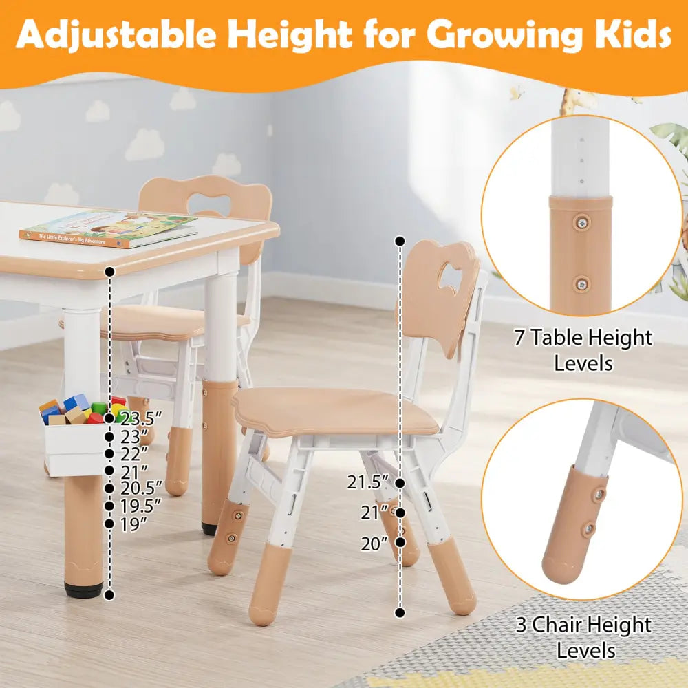Height Adjustable Kids Table and 4 Chairs Set with Graffiti Desktop and 2 Storage Baskets-Natrual - Natural - Kids