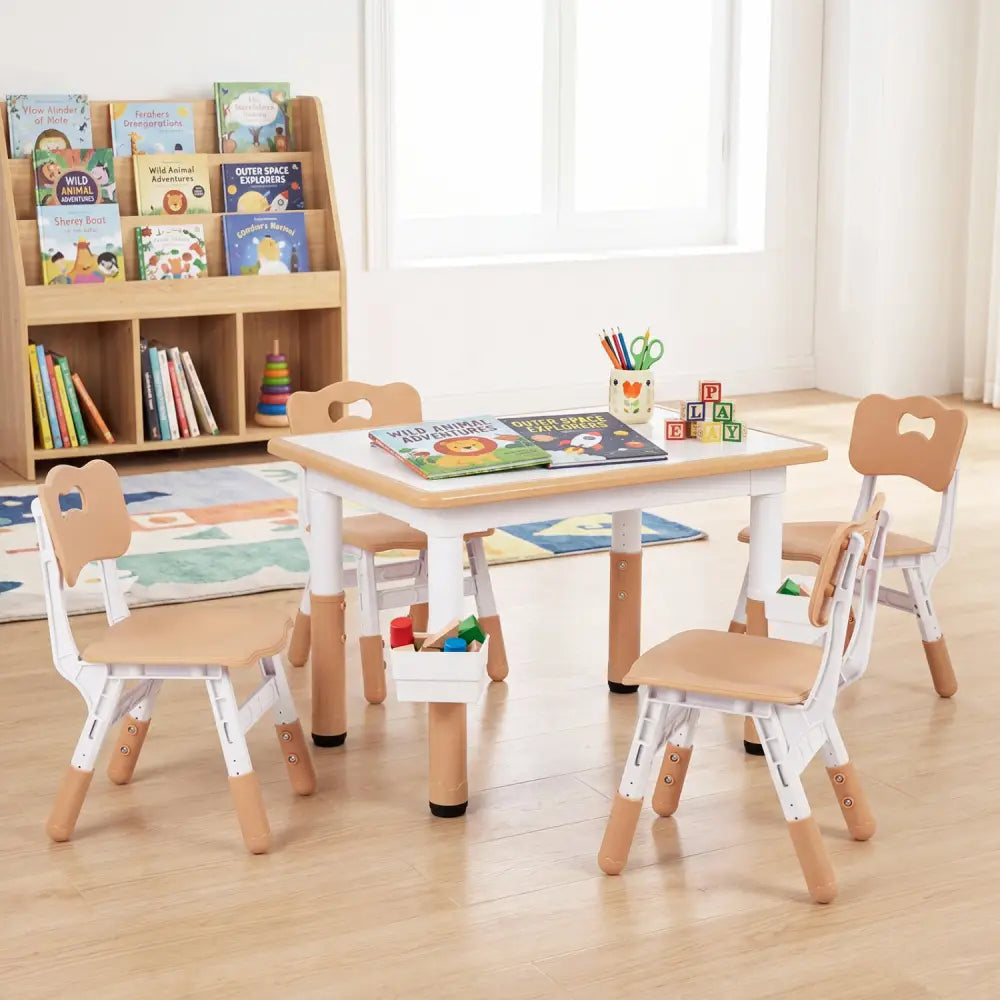 Height Adjustable Kids Table and 4 Chairs Set with Graffiti Desktop and 2 Storage Baskets-Natrual - Natural - Kids