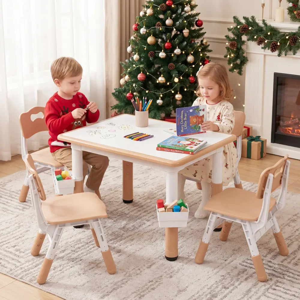 Height Adjustable Kids Table and 4 Chairs Set with Graffiti Desktop and 2 Storage Baskets-Natrual - Natural - Kids
