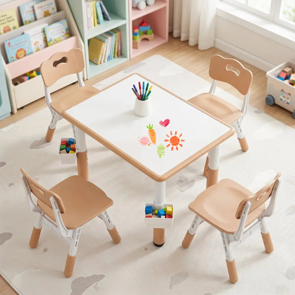 Height Adjustable Kids Table and 4 Chairs Set with Graffiti Desktop and 2 Storage Baskets-Natrual - Natural - Kids