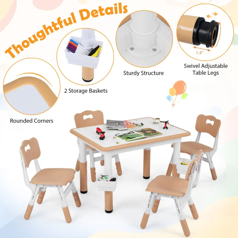 Height Adjustable Kids Table and 4 Chairs Set with Graffiti Desktop and 2 Storage Baskets-Natrual - Natural - Kids