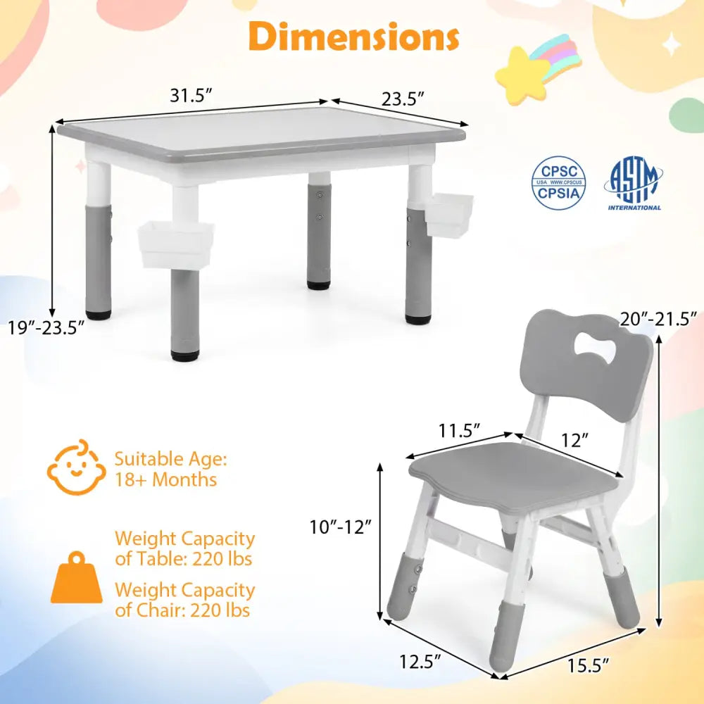 Height Adjustable Kids Table and 4 Chairs Set with Graffiti Desktop and 2 Storage Baskets-Gray - Gray - Kids Table &