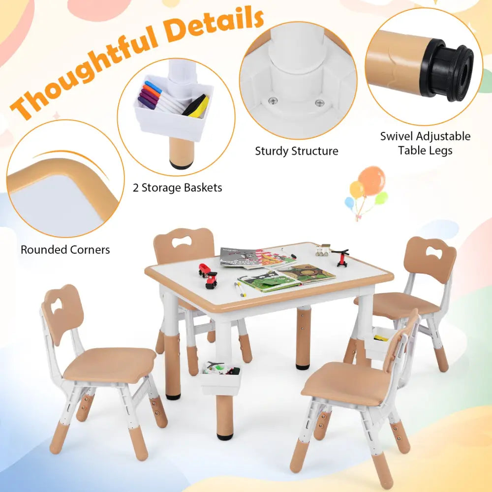 Height Adjustable Kids Table and 4 Chairs Set with Graffiti Desktop and 2 Storage Baskets-Natrual - Natural - Kids
