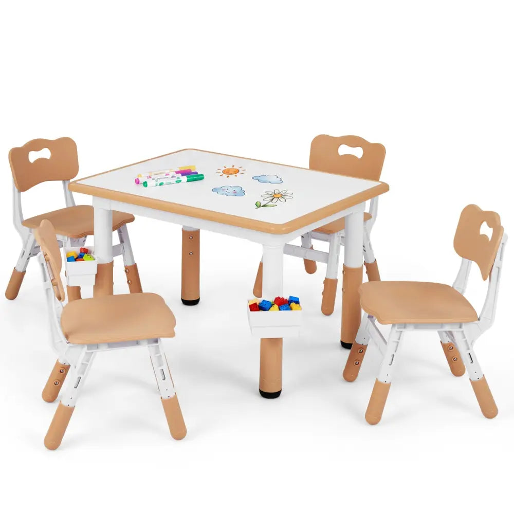 Height Adjustable Kids Table and 4 Chairs Set with Graffiti Desktop and 2 Storage Baskets-Natrual - Natural - Kids