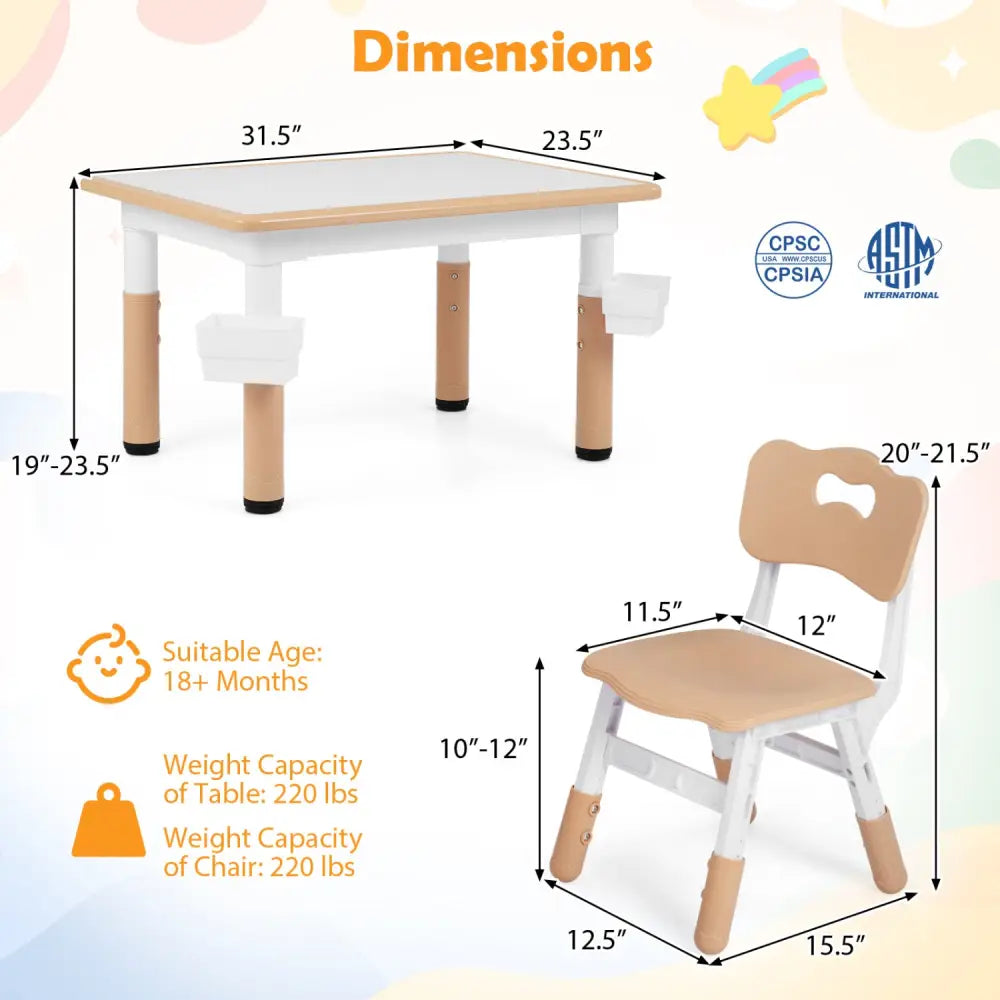 Height Adjustable Kids Table and 4 Chairs Set with Graffiti Desktop and 2 Storage Baskets-Natrual - Natural - Kids