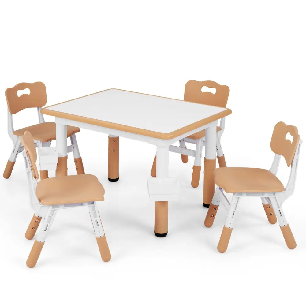 Height Adjustable Kids Table and 4 Chairs Set with Graffiti Desktop and 2 Storage Baskets-Natrual - Natural - Kids