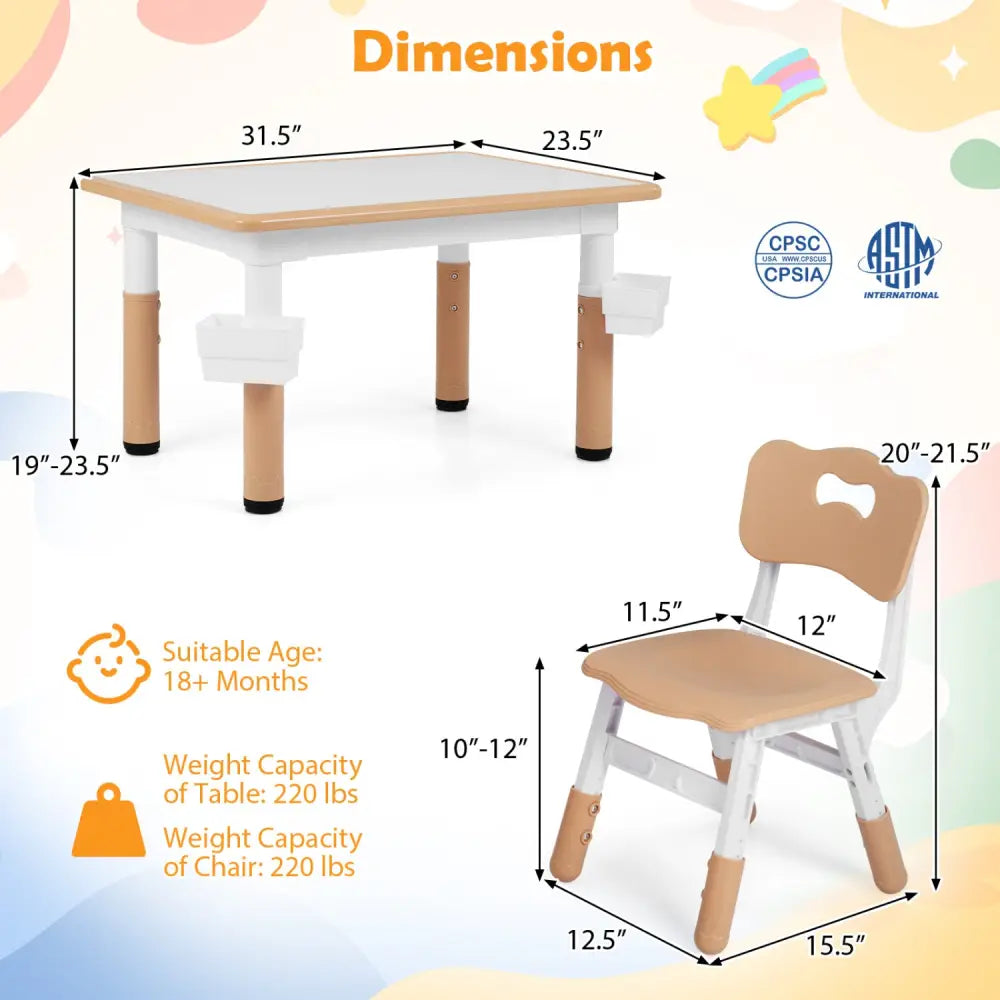 Height Adjustable Kids Table and 4 Chairs Set with Graffiti Desktop and 2 Storage Baskets-Natrual - Natural - Kids
