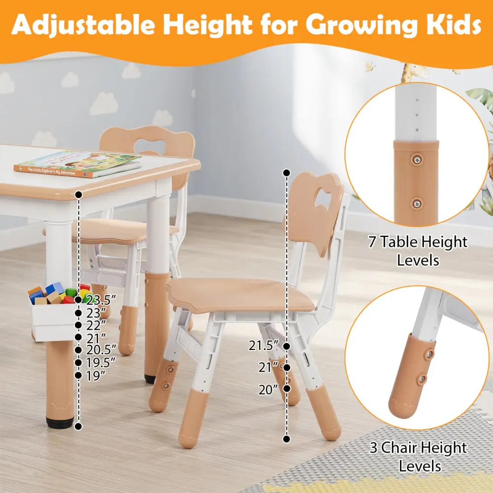 Height Adjustable Kids Table and 4 Chairs Set with Graffiti Desktop and 2 Storage Baskets-Natrual - Natural - Kids