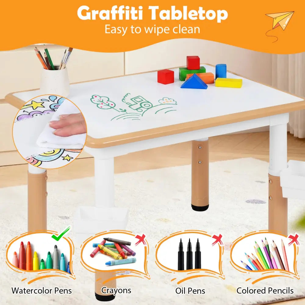 Height Adjustable Kids Table and 4 Chairs Set with Graffiti Desktop and 2 Storage Baskets-Natrual - Natural - Kids