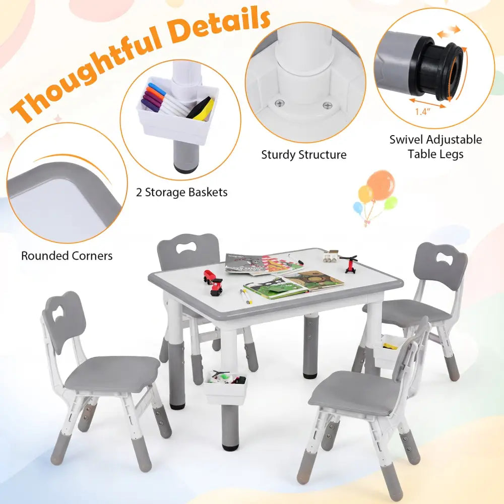 Height Adjustable Kids Table and 4 Chairs Set with Graffiti Desktop and 2 Storage Baskets-Gray - Gray - Kids Table &