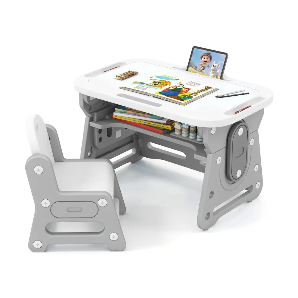Height Adjustable Kids Table and Chair Set with Tiltable Whiteboard and Concave Shelf-Gray - Gray - Kids Table & Chair