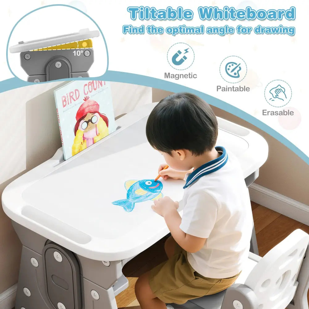 Height Adjustable Kids Table and Chair Set with Tiltable Whiteboard and Concave Shelf-Gray - Gray - Kids Table & Chair