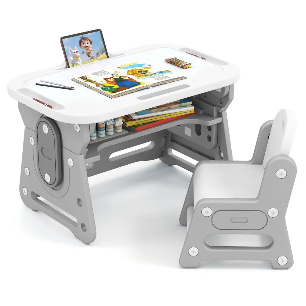 Height Adjustable Kids Table and Chair Set with Tiltable Whiteboard and Concave Shelf-Gray - Gray - Kids Table & Chair