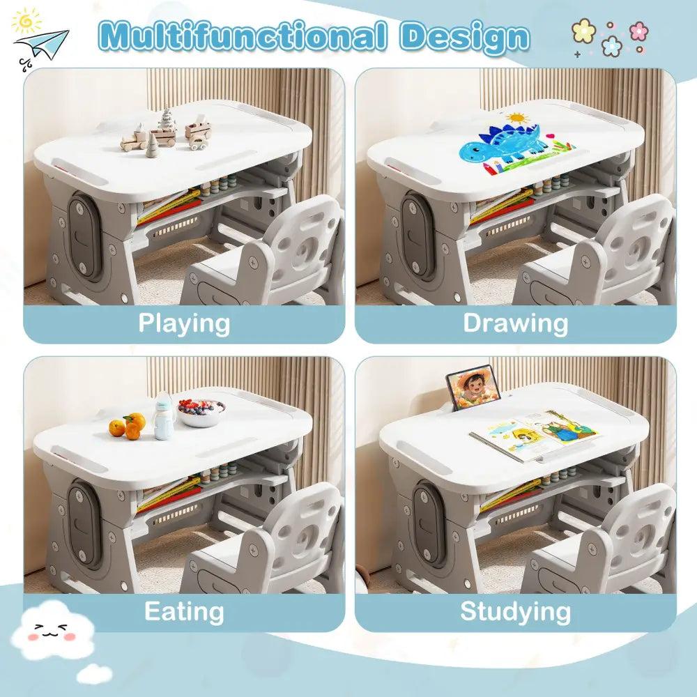 Height Adjustable Kids Table and Chair Set with Tiltable Whiteboard and Concave Shelf-Gray - Gray - Kids Table & Chair