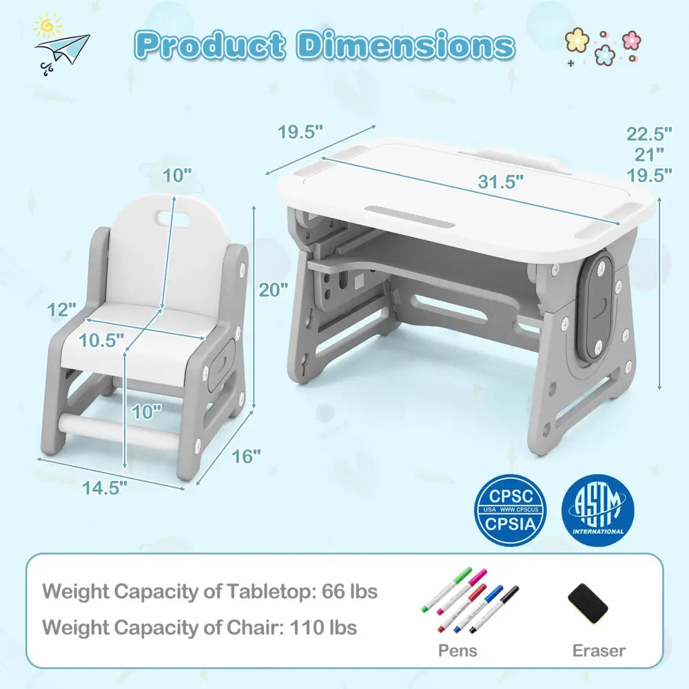 Height Adjustable Kids Table and Chair Set with Tiltable Whiteboard and Concave Shelf-Gray - Gray - Kids Table & Chair