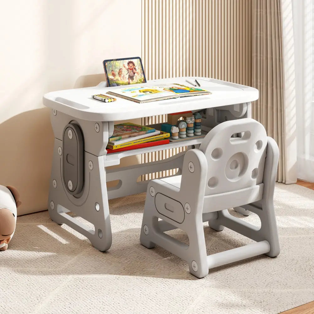 Height Adjustable Kids Table and Chair Set with Tiltable Whiteboard and Concave Shelf-Gray - Gray - Kids Table & Chair