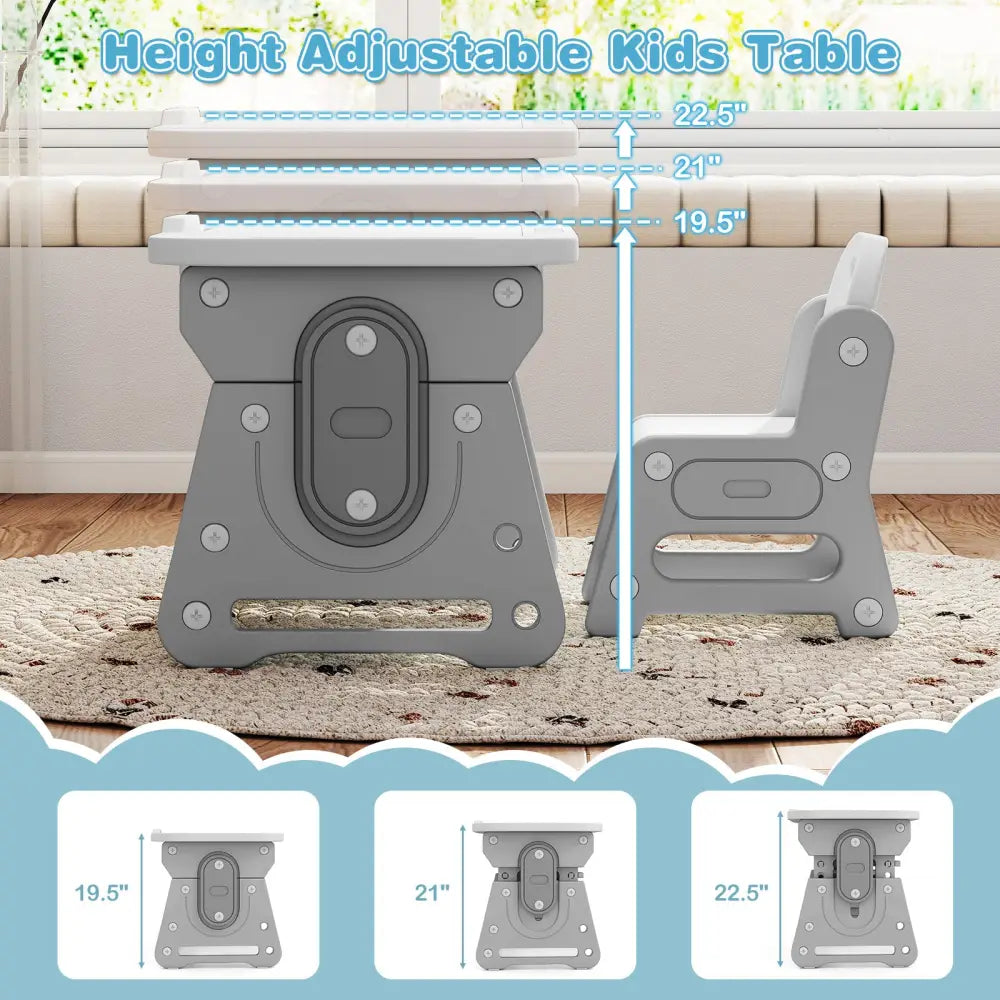 Height Adjustable Kids Table and Chair Set with Tiltable Whiteboard and Concave Shelf-Gray - Gray - Kids Table & Chair