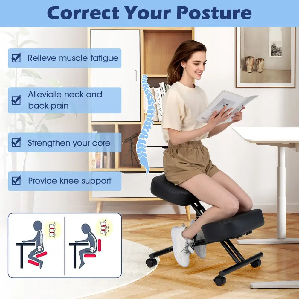Height Adjustable Kneeling Chair Posture Correction Stool - Black - Kneeling Chairs