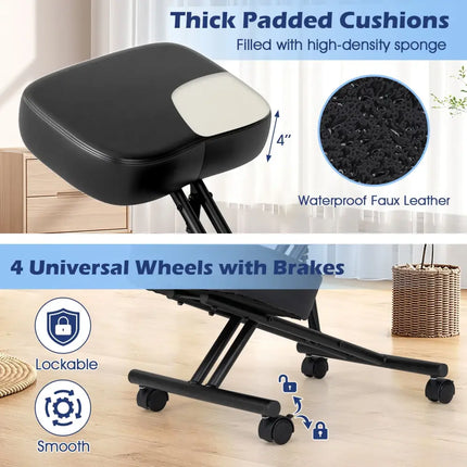 Height Adjustable Kneeling Chair Posture Correction Stool - Black - Kneeling Chairs