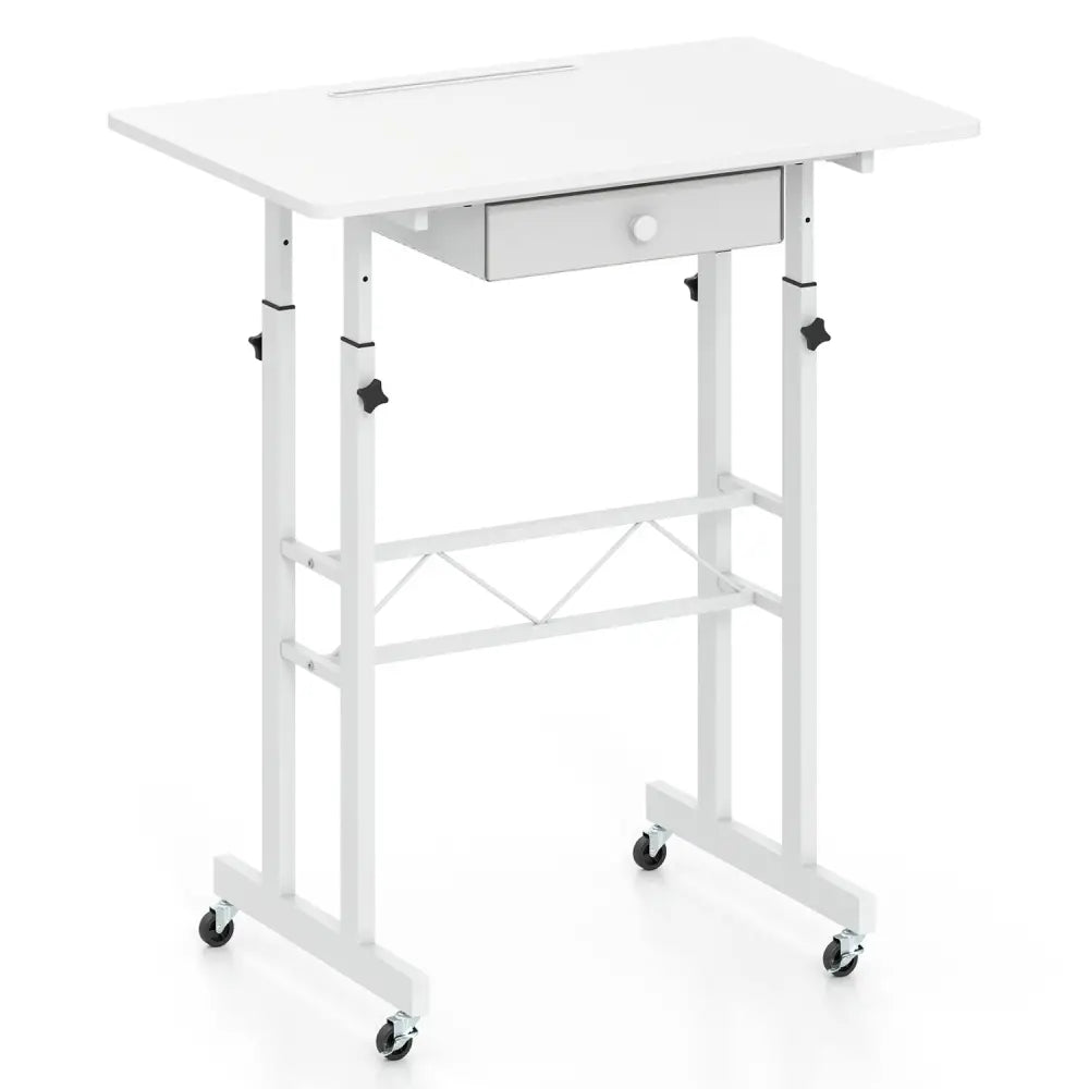 Height Adjustable Laptop Desk with Fabric Drawer Tablet Holder and Lockable Wheels-White - White - Standing Desks