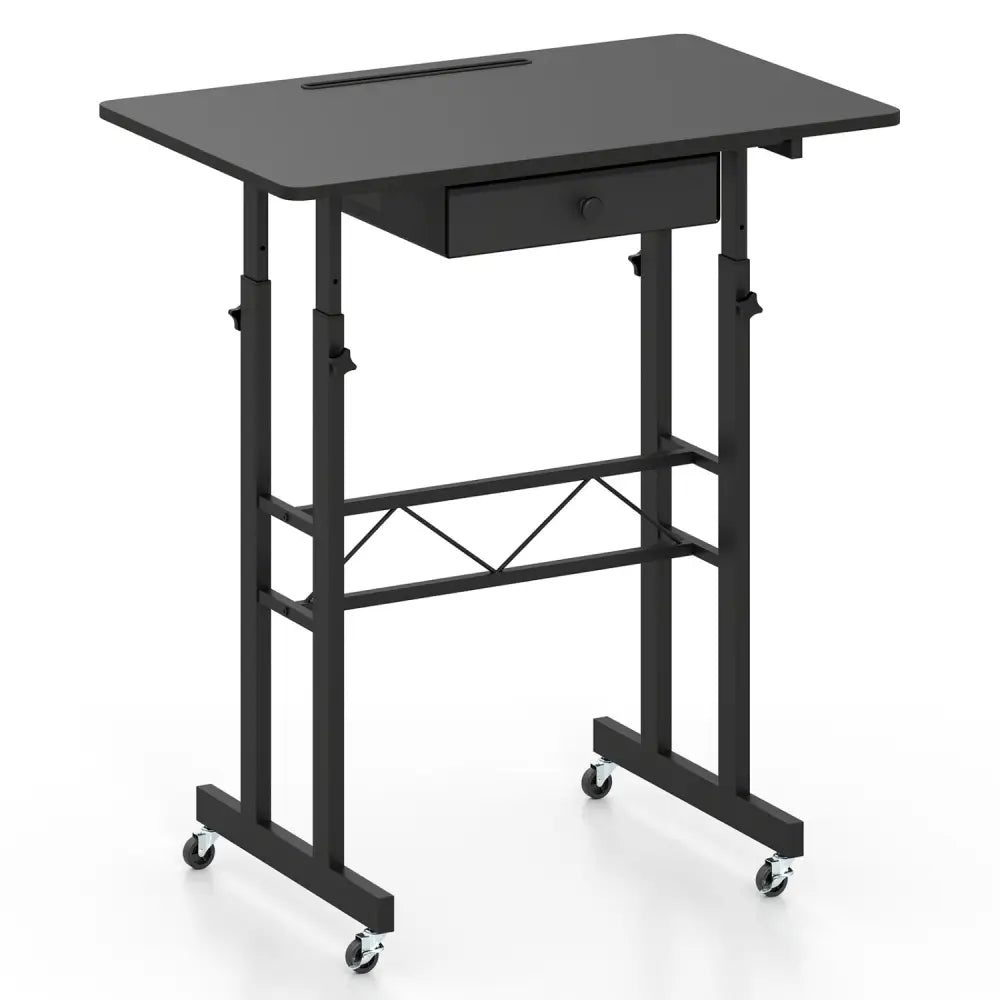 Height Adjustable Laptop Desk with Fabric Drawer Tablet Holder and Lockable Wheels-Black - Black - Standing Desks