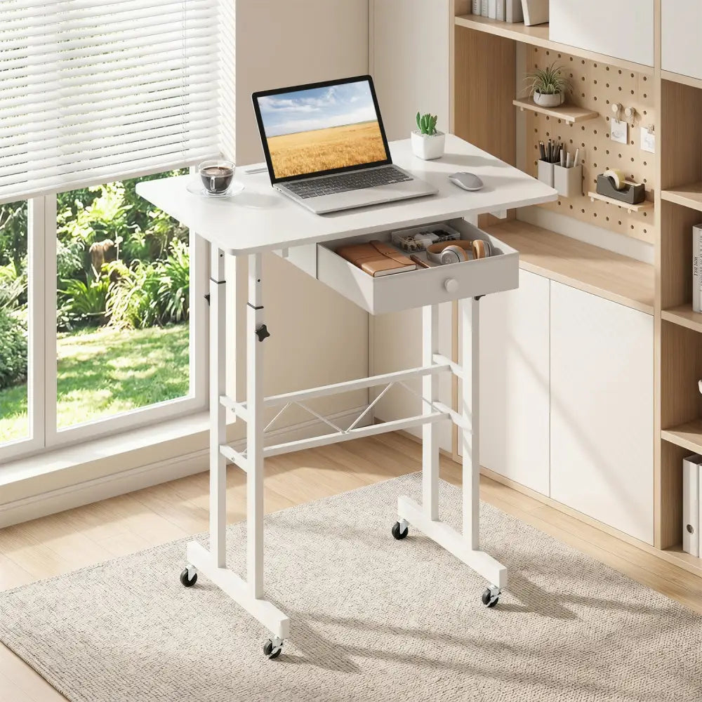 Height Adjustable Laptop Desk with Fabric Drawer Tablet Holder and Lockable Wheels-White - White - Standing Desks