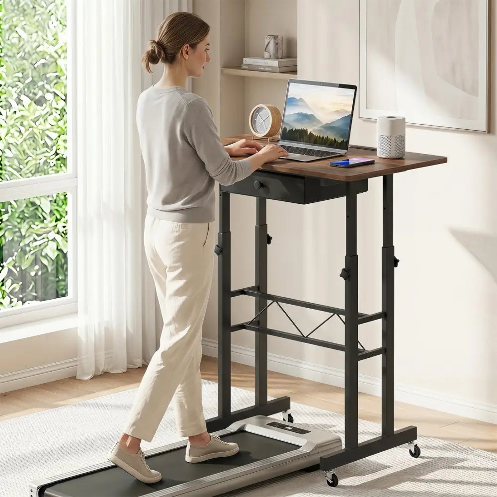 Height Adjustable Laptop Desk with Fabric Drawer Tablet Holder and Lockable Wheels-Rustic Brown - Rustic Brown