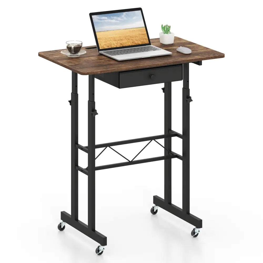 Height Adjustable Laptop Desk with Fabric Drawer Tablet Holder and Lockable Wheels-Rustic Brown - Rustic Brown