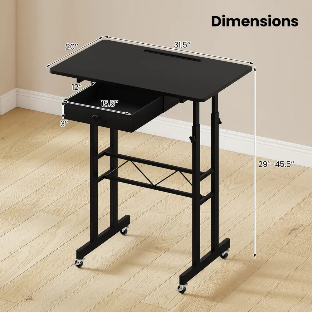 Height Adjustable Laptop Desk with Fabric Drawer Tablet Holder and Lockable Wheels-Black - Black - Standing Desks
