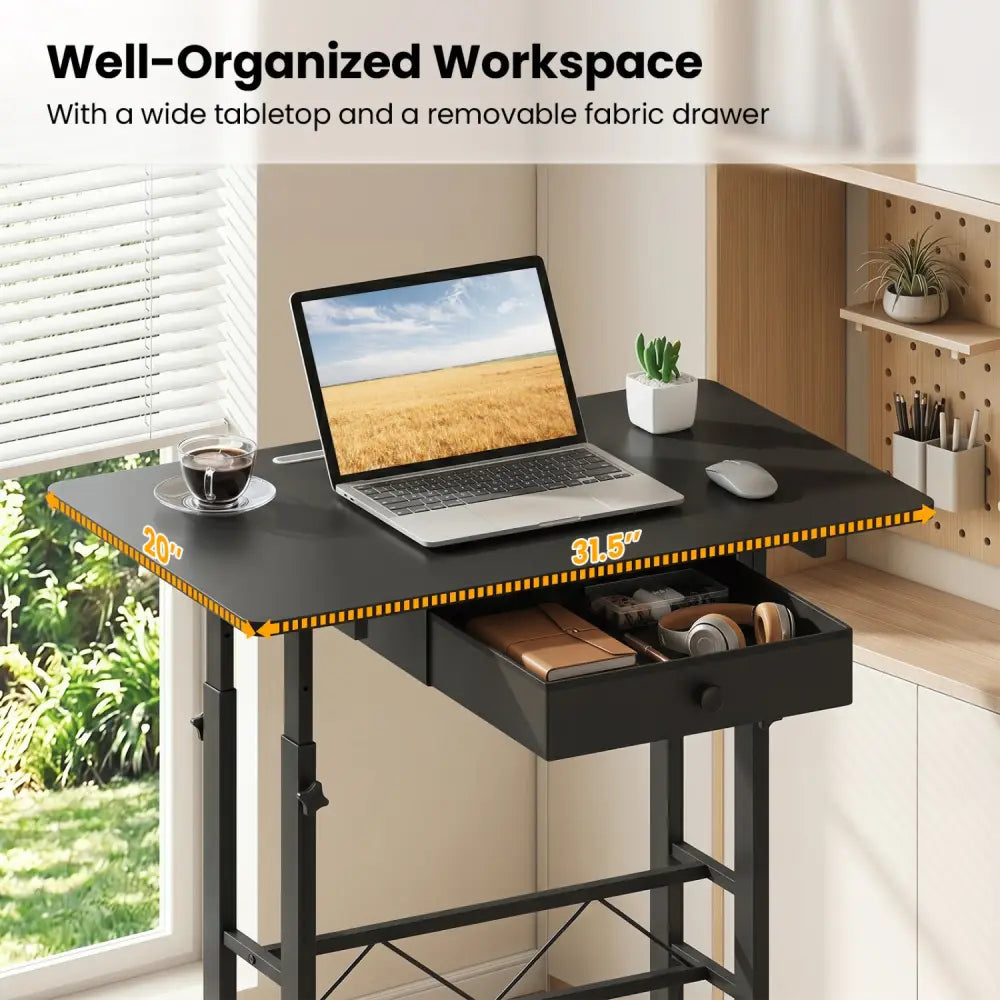 Height Adjustable Laptop Desk with Fabric Drawer Tablet Holder and Lockable Wheels-Black - Black - Standing Desks