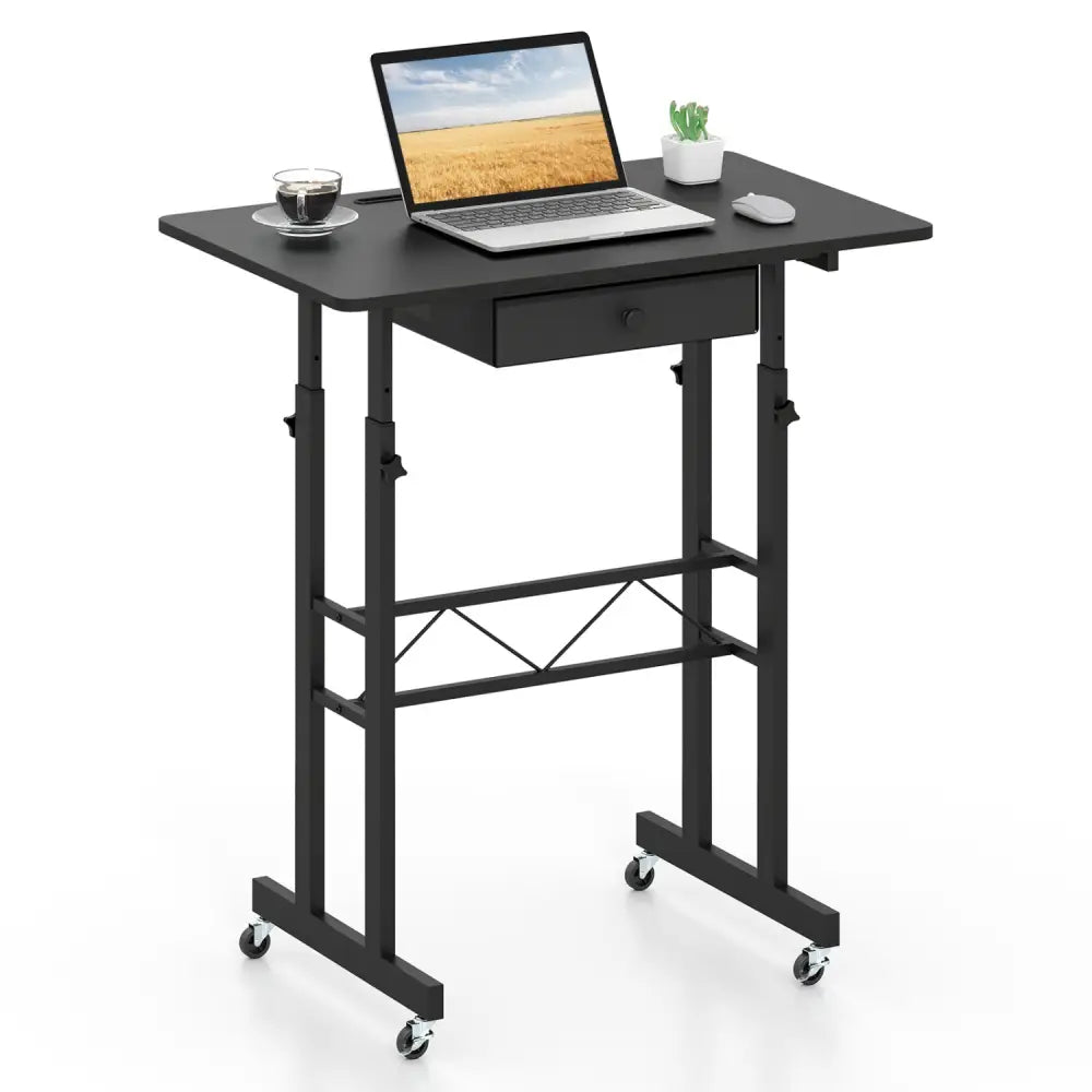 Height Adjustable Laptop Desk with Fabric Drawer Tablet Holder and Lockable Wheels-Black - Black - Standing Desks