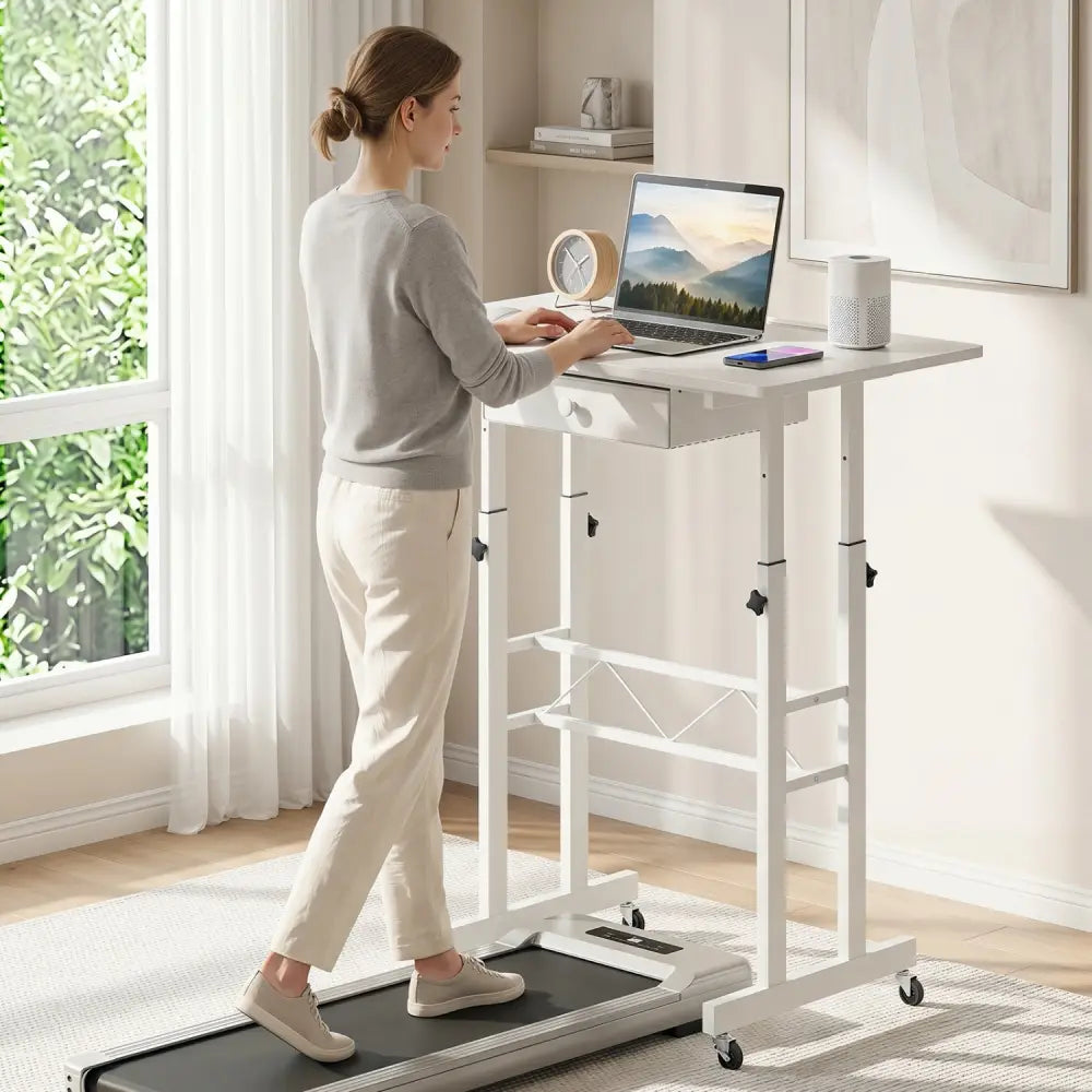 Height Adjustable Laptop Desk with Fabric Drawer Tablet Holder and Lockable Wheels-White - White - Standing Desks