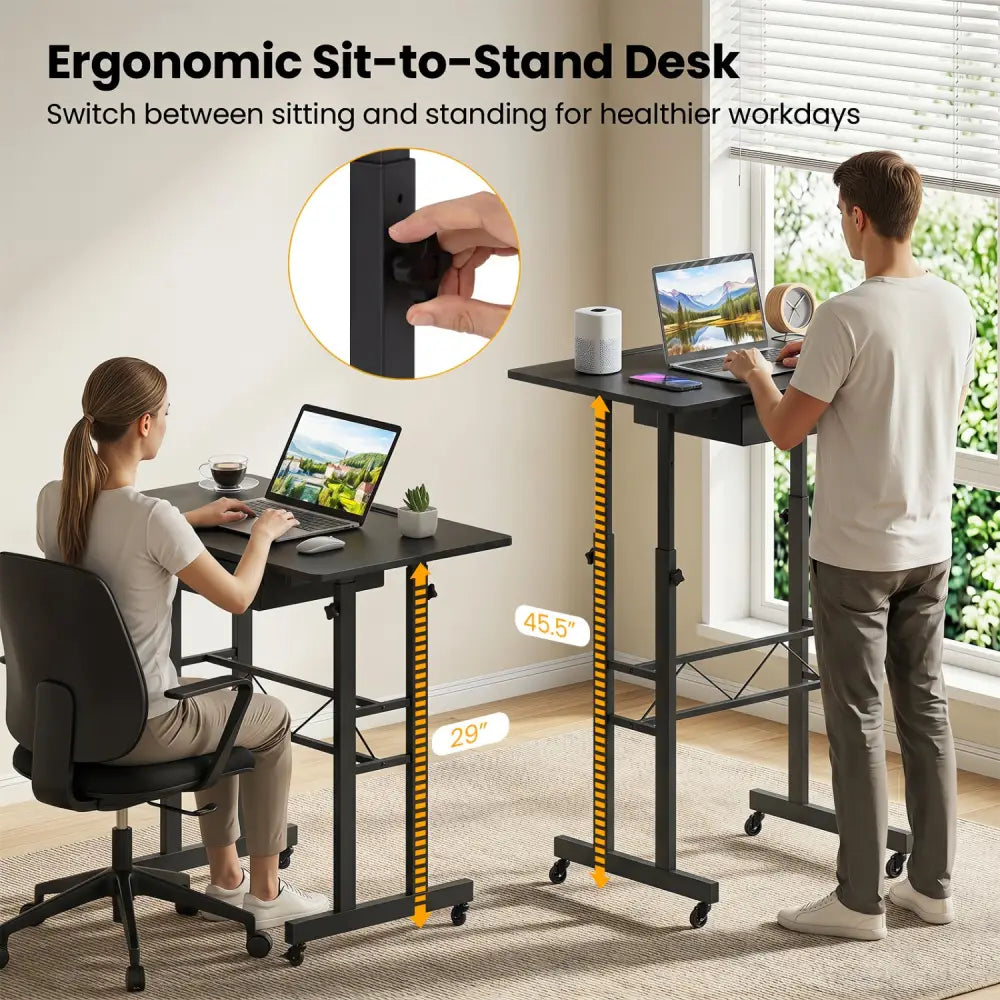 Height Adjustable Laptop Desk with Fabric Drawer Tablet Holder and Lockable Wheels-Black - Black - Standing Desks
