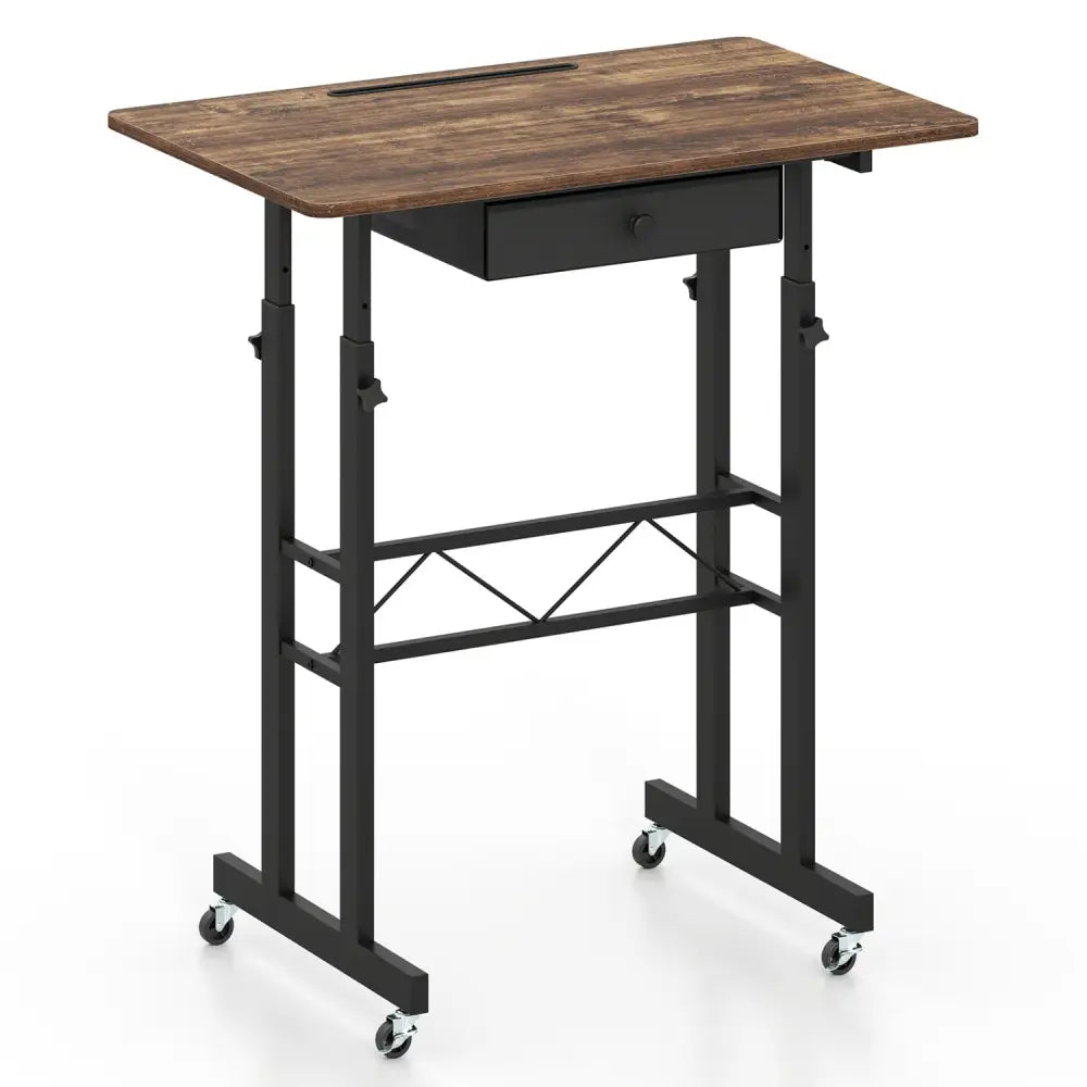 Height Adjustable Laptop Desk with Fabric Drawer Tablet Holder and Lockable Wheels-Rustic Brown - Rustic Brown