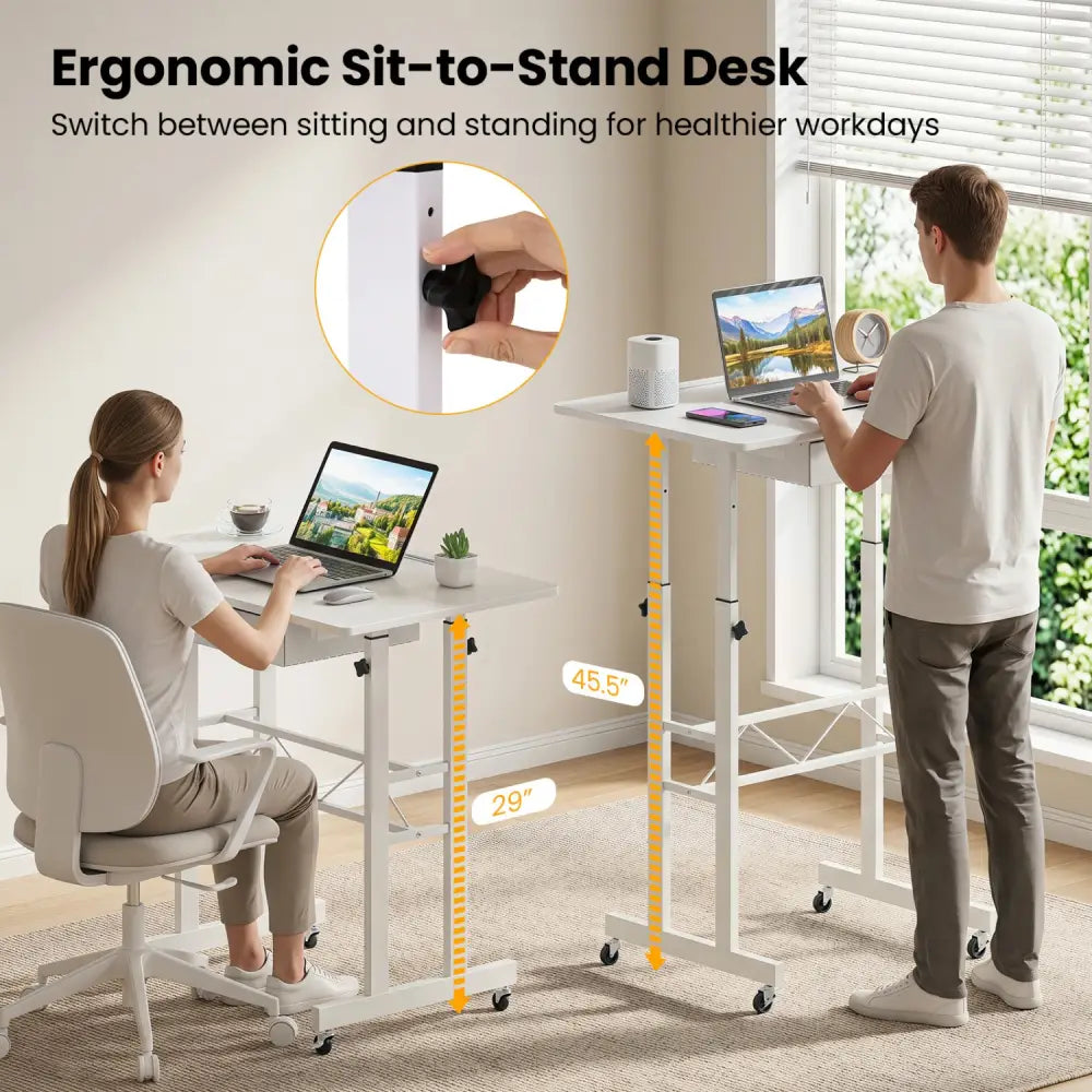 Height Adjustable Laptop Desk with Fabric Drawer Tablet Holder and Lockable Wheels-White - White - Standing Desks