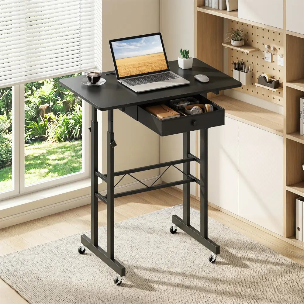 Height Adjustable Laptop Desk with Fabric Drawer Tablet Holder and Lockable Wheels-Black - Black - Standing Desks